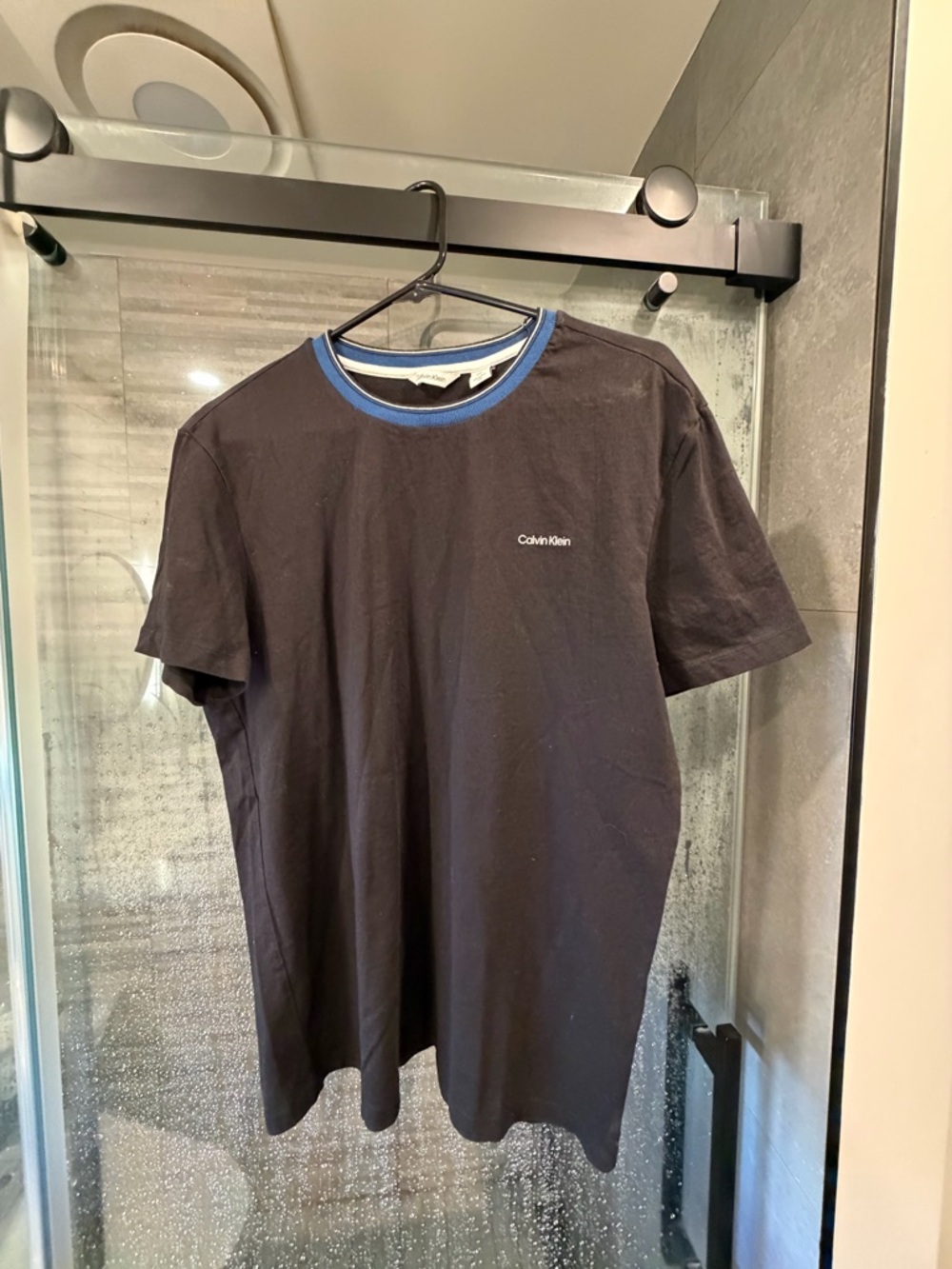 Calvin Klein Black Short Sleeve Tee with Blue Crewneck Trim